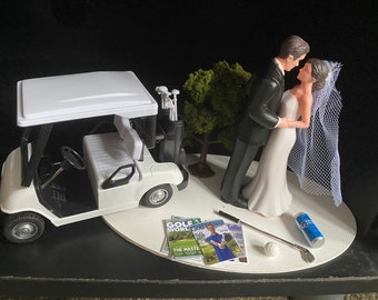 Golf Theme Funny Cake Topper Wedding Day Reception Bride Groom Funny with Golf Cart,Beer,Magazines,Golf club and ball,Tree No Golf for you
