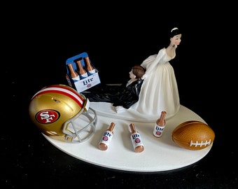 Football Cake Topper 6 Pack of Beer Wedding Day Reception Bridal Funny Football Themed Pick your Team Bride Groom Wedding Day Grooms Cake