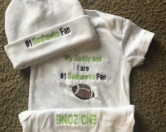 Seattle Seahawks Fan Gear Football Baby Creeper Hat Set Embroidered Personalized Embroidered  Coming home set Announcement Baby Daddy Mommy