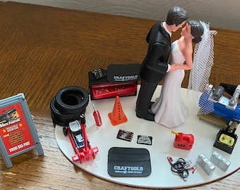 Cake Topper Wedding Day Reception Bride Groom Funny Auto Mechanic Grease Monkey Automotive Garage Shop Tools Tire repair Many Tools