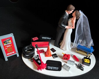 Décoration de gâteau Réception le jour du mariage Marié Marié Drôle Mécanicien automobile Graisse Singe Automobile Garage Boutique Outils Réparation de pneus De nombreux outils