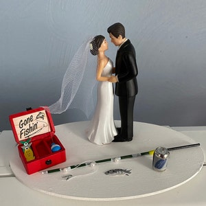 Bride Groom Cake Topper Bridal Wedding Day Reception Going Fishing Tackle Box and with a Beer Can Theme Hair color changed for free