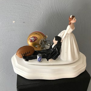 Wedding Cake Topper San Francisco 49ers Football Themed Beautiful  Long-haired Bride Groom Sports Fans One-of-a-kind Reception Bridal Gift 