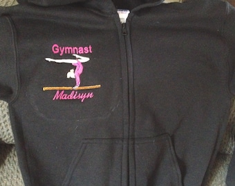 Personalized Embroidered Girls Gymnastic Gymnast Balance Beam Dance Sweatshirt  Zip up front Hoodie  Youth