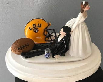 LSU Louisiana State Tigers College Cake Topper Funny Bridal Wedding Day Reception NFL Football Themed  Hair changed free Grooms Cake Gift