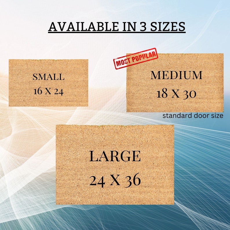 Op de afbeelding: Er worden drie deurmatmaten getoond: klein (16 x 24 inch), medium (18 x 30 inch, met het label "standaard deurmaat") en groot (24 x 36 inch). De middelste maat is gemarkeerd met "meest populair".