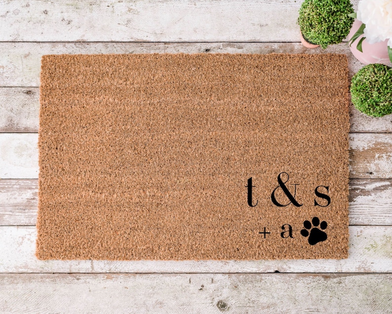 Custom Doormat Minimal Monogram With Pet Paw | Wedding Gift | Personalized Doormat | Closing Gift Welcome Doormat | Housewarming Gift
