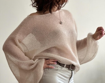 Sheer Mohair Silk Blend Sweater: Lightweight Knit Lace Pullover. Made in Europe. Valentines Gift