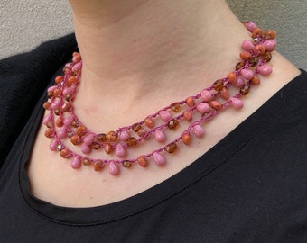 Kit - Chain Stitch Necklace - Crystals and Drops - Dusty Rose