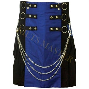 Handmade Black & Navy Utility Kilt, Custom Size Cotton Fashion Kilt