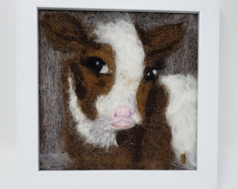 Little Brown Maverick Wool Paining.  Needle Felted Painting of a young Calf or Cow.