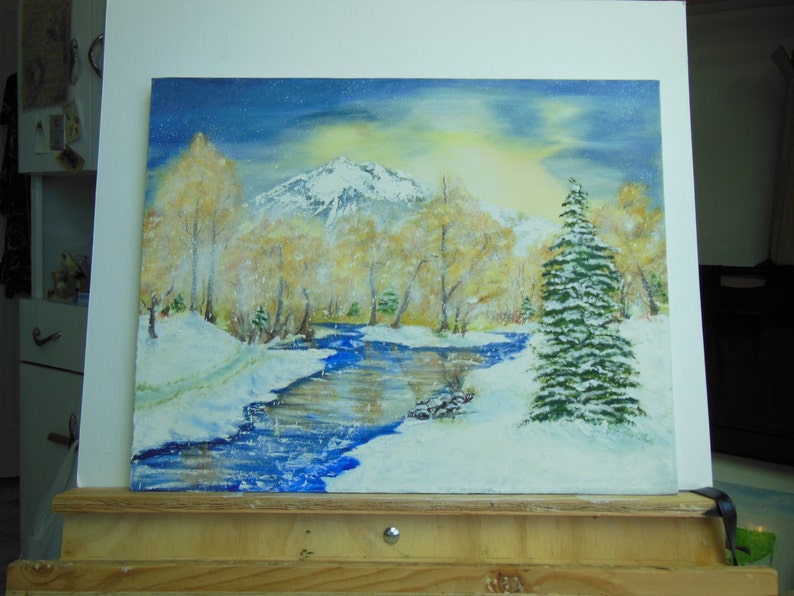 Oryginalny obraz olejny 16 X 20, olej oryginalny dni zimy, malarstwo olejne zachód słońca, góry, rzeka i śnieg, oryginalny obraz olejny nieoprawione zdjęcie 1