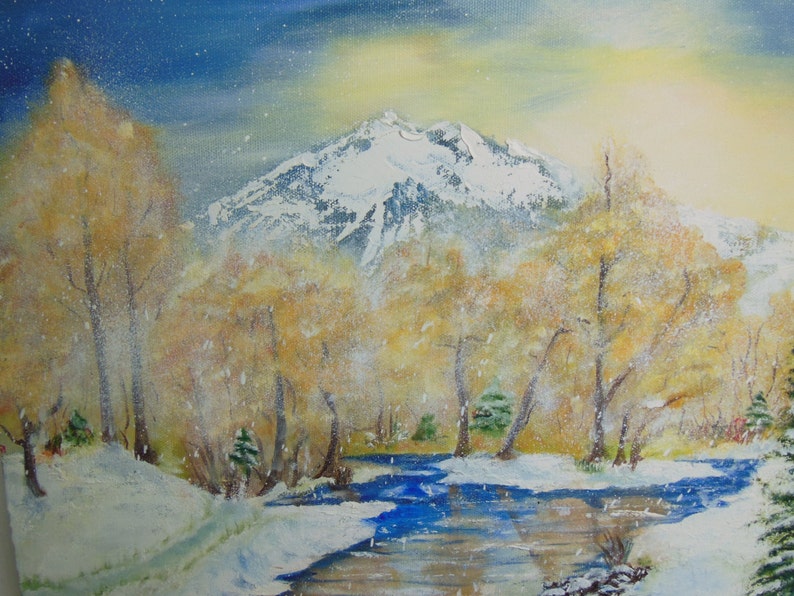 Oryginalny obraz olejny 16 X 20, olej oryginalny dni zimy, malarstwo olejne zachód słońca, góry, rzeka i śnieg, oryginalny obraz olejny nieoprawione zdjęcie 3