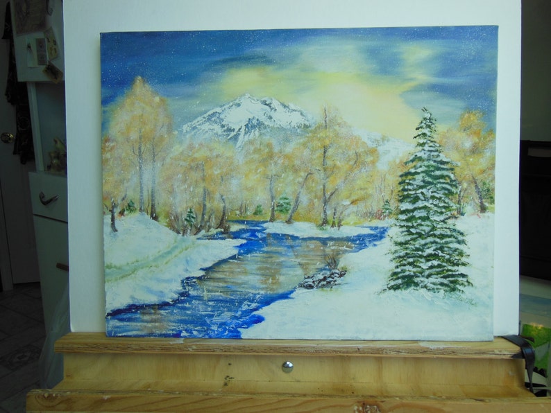 Oryginalny obraz olejny 16 X 20, olej oryginalny dni zimy, malarstwo olejne zachód słońca, góry, rzeka i śnieg, oryginalny obraz olejny nieoprawione zdjęcie 4