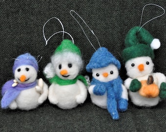 Needle Felted Snowmen and Snowwomen, Christmas Ornament, Holiday Decoration, Wool Felted Decorations.
