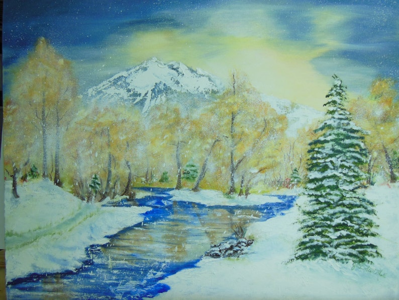 Oryginalny obraz olejny 16 X 20, olej oryginalny dni zimy, malarstwo olejne zachód słońca, góry, rzeka i śnieg, oryginalny obraz olejny nieoprawione zdjęcie 5