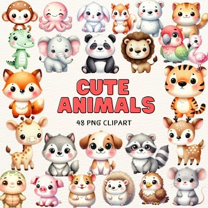 Watercolor Cute Animals, 48 Animal PNG Clipart, Animals Clipart, Watercolor Animals, Cute Animal Clipart,Baby Animals, Digital Download