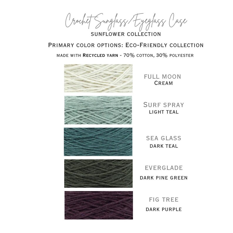 May include: Five yarn samples in different colors, from top to bottom: cream, light teal, dark teal, dark pine green, and dark purple. The yarn is made from 70% cotton and 30% polyester. The text "Full Moon", "Surf Spray", "Sea Glass", "Everglade", and "Fig Tree" are written below each yarn sample, along with the color name.
