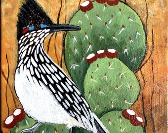 Original Road Runner painting in acrylics and framed in a black floater frame/birds/spring /desert/mountains/Linda Kelly