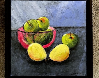 Original Apples in a bowl acrylic Painting, 10"x 10" framed in a black floater frame/Linda Kelly/fruit/periwinkle color