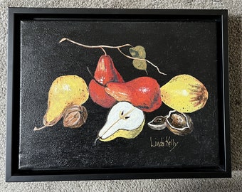 Original fruit still life acrylic painting on a 9" x 12" canvas then framed in a black floater frame/Linda Kelly/pears/fruit/still life