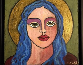 Original Acrylic Painting of a Saint on textured canvas, 10" x 10" framed/angel/metallic/religious/Iconic