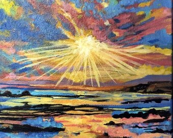 Original Sunrise over the Ocean painting on textured canvas 11"x 14" framed 12.25" X 15.25" /oceans/sunrise/impressionism