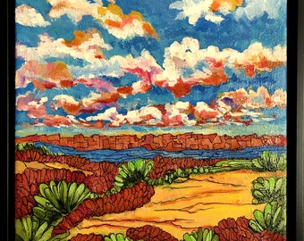 Original Desert scene Acrylic painting on a textured canvas with pen work 12" x 12" framed 13" x 13" /deserts/landscape/Linda Kelly