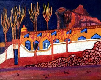 Original Santa Fe Casa painting on a textured canvas 11" x 14" /New Mexico/Southwest/ AZ/Linda Kelly