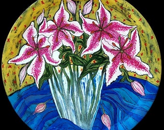 Original Acrylic Stargazers Lily painting on a Vintage reclaimed metal tray  Linda Kelly/bouquet/still life/reclaimed/flowers