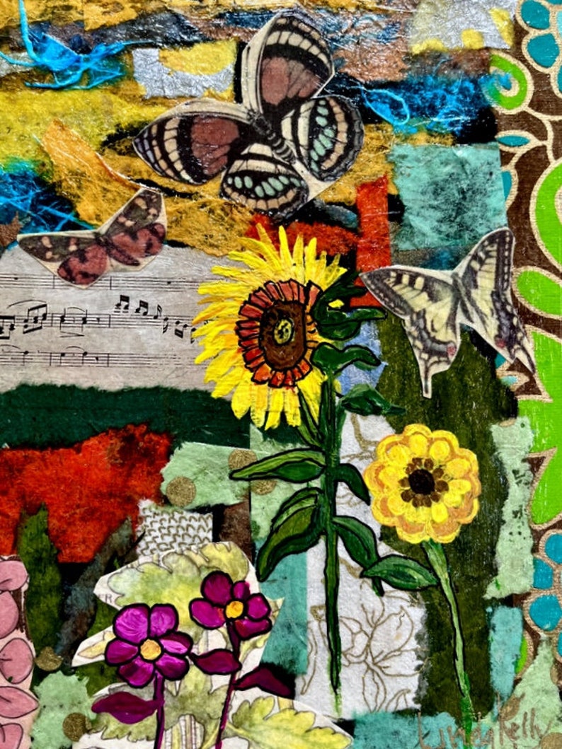 Original Mixed Media Collage Painting With Acrylics butterflies Galore