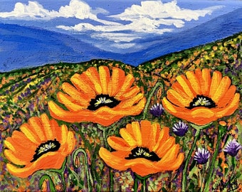 Original California Poppy's acrylic painting on canvas 8" x 10"/springtime/wildflower/ Orange poppy's/landscape/Linda Kelly