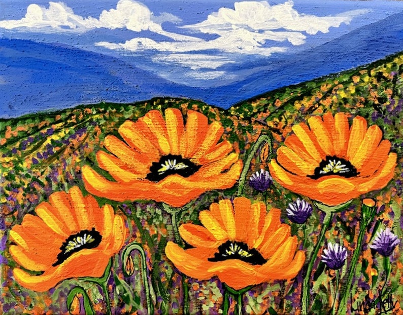 Original California Poppy's acrylic painting on canvas 8 x 10/springtime/wildflower/ Orange poppy's/landscape/Linda Kelly image 1