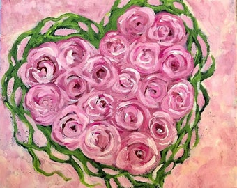 Original Showy "Pink Heart Roses" is painted with Acrylic on a textured canvas /bright color/ Valentines/Breast Cancer/framed