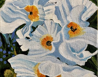 Original White poppies Acrylic painting 11"x 14" framed 12.2 5" X 15.25" ,acrylics/wildflowers/Linda Kelly Art
