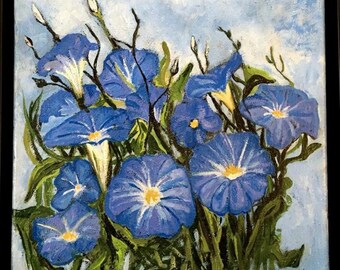 Original Morning Glory acrylic flower Painting, 10"x 10" framed in a black floater frame/Linda kelly/Springtime/periwinkle color
