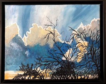 Original Thunder Clouds Acrylic Painting, rich colors, in a black wood floater frame/AZ/CA./Linda Kelly/landscape/lightning