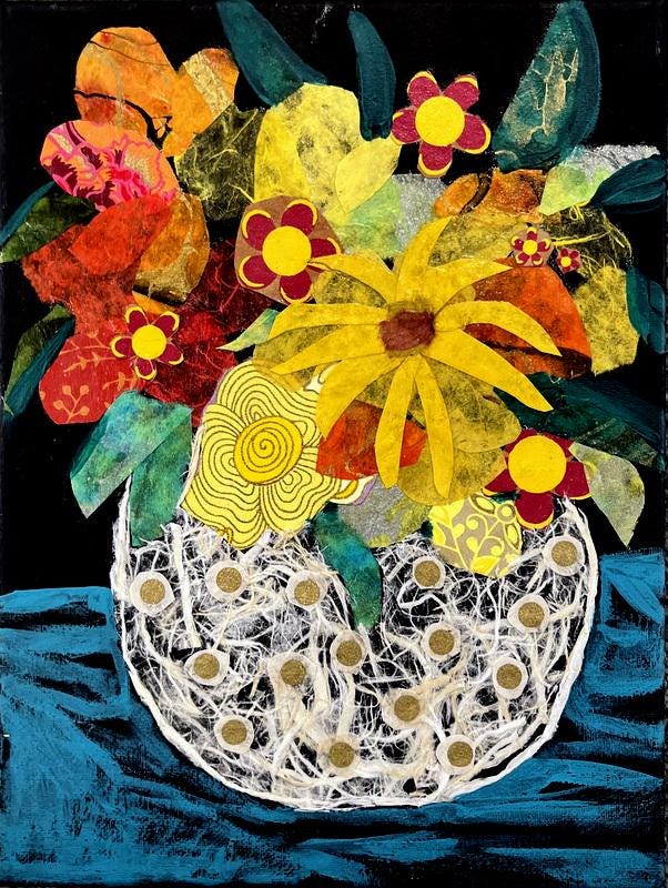 Original Mixed Media Flower Bouquet Painting, Colorful Collage Art (9"x12")