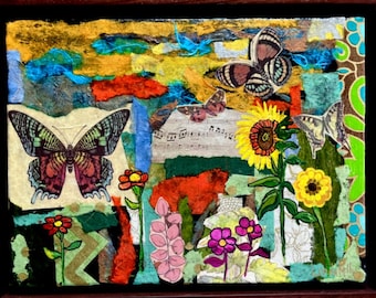 Original mixed media collage painting with acrylics "Butterflies Galore"/Linda Kelly/abstract/butterflies/sunflower/flowers