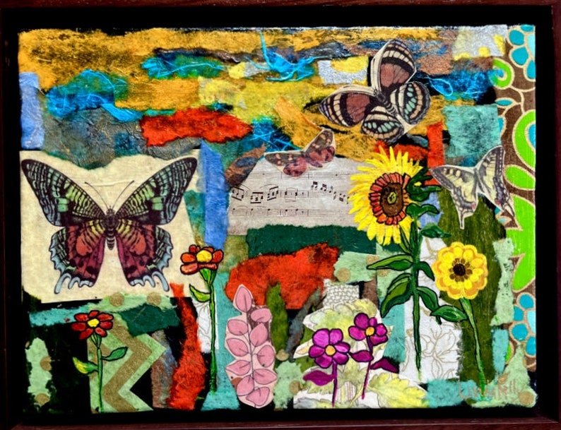 Original Mixed Media Collage Painting With Acrylics butterflies Galore