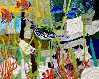 Original mixed media collage underwater scene painting with acrylics and papers /Linda Kelly/abstract/sea creatures