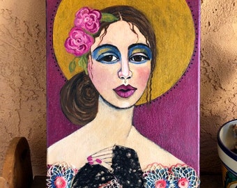 Original Mixed Media woman Painting called "Rosie" , 12" x 24"  framed /Linda Kelly/portrait/mixed media/acrylic