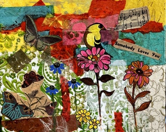 Original mixed media collage with, bird, butterflies, flowers painting with acrylics and papers /Linda Kelly/abstract/colorful flowers