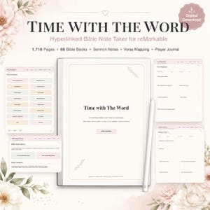 May include: A digital Bible note taker for reMarkable tablets titled Time with the Word. The interface features 1,716 pages, 66 Bible books, sermon notes, verse mapping, and a prayer journal. A white stylus rests on the tablet screen.