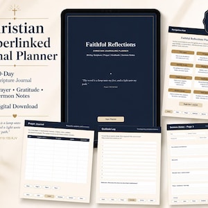 Può includere: Un pianificatore di diario cristiano digitale con collegamenti ipertestuali visualizzato su uno schermo di tablet, con vari layout di pagina stampati tra cui diario di preghiera, registro di gratitudine e appunti di sermoni in blu e crema.