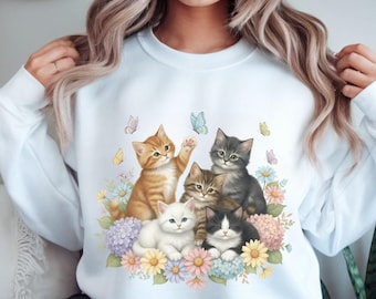 Retro Kitten Sweatshirt, Floral Sweatshirt, 90s Vintage Cats Pullover, Cottagecore Cats Sweater, Cat Lover Gift, Butterfly Graphic Shirt
