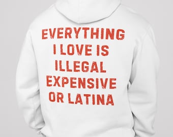 Tudo o que eu amo é ilegal, caro ou com capuz latino, moletom latino engraçado, pulôver sarcástico engraçado, presente de humor latino, presente atrevido para ele