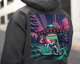 UFO Cow Abduction Unisex Hoodie, Funny Vintage Retro Graphic Alien Hoody, Paranormal Oversized Aesthetic UFO Hoodie, Gift for boyfriend
