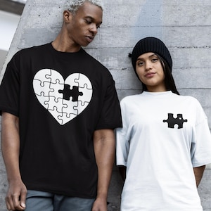 T-shirts pour couple assortis, t-shirt coeur avec pièce de puzzle, pièce de puzzle ou chemise coeur puzzle pour couple, cadeau de Saint-Valentin, tenue d'anniversaire