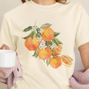Vintage oranje shirt, shirt met kunst grafisch fruit, T-shirt oranjebloesem, vintage grafisch shirt, esthetisch zomer-T-shirt, shirt met botanische bloemen, shirt met botanische bloemen